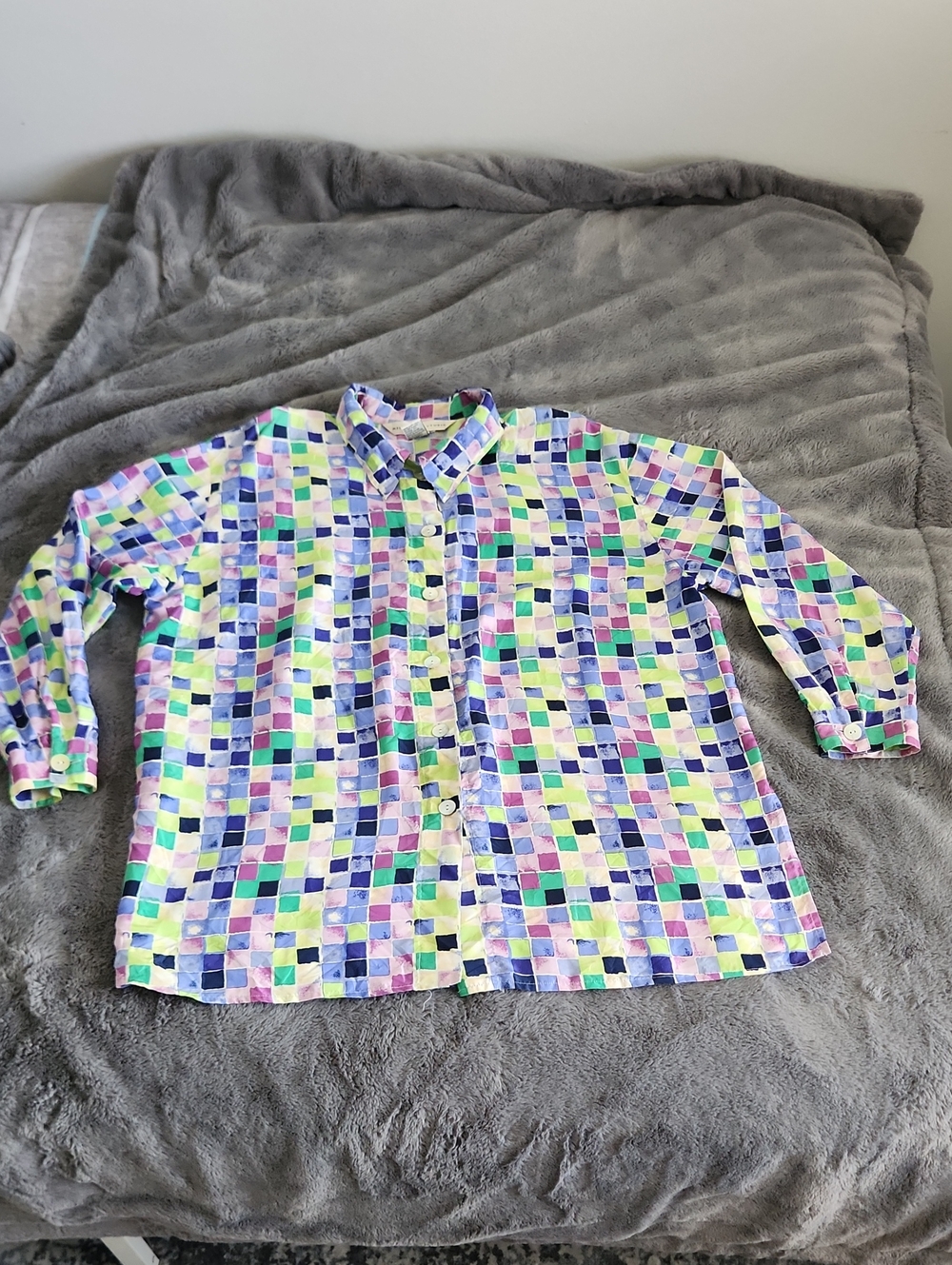 Vintage 70s Woman's Multicolor Check Casual Button-Down Shirt - Pastel Mix